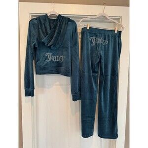 JUICY COUTURE Velour OG Bling Tracksuit Hoodie Pant Set Color Sea Medium M NEW